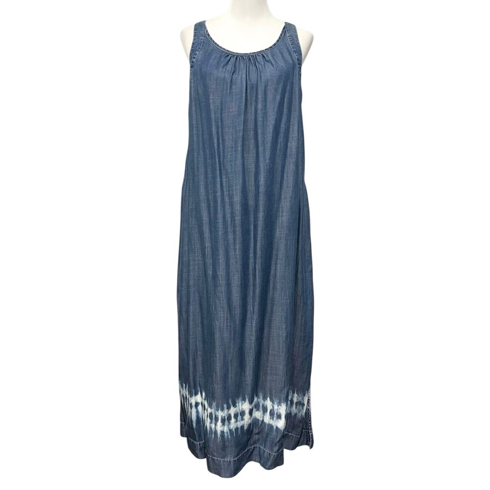 Chico's Chambray Blue Tencel Maxi Long Tank Dress Tie Dye Hem Pockets Sz M (2)